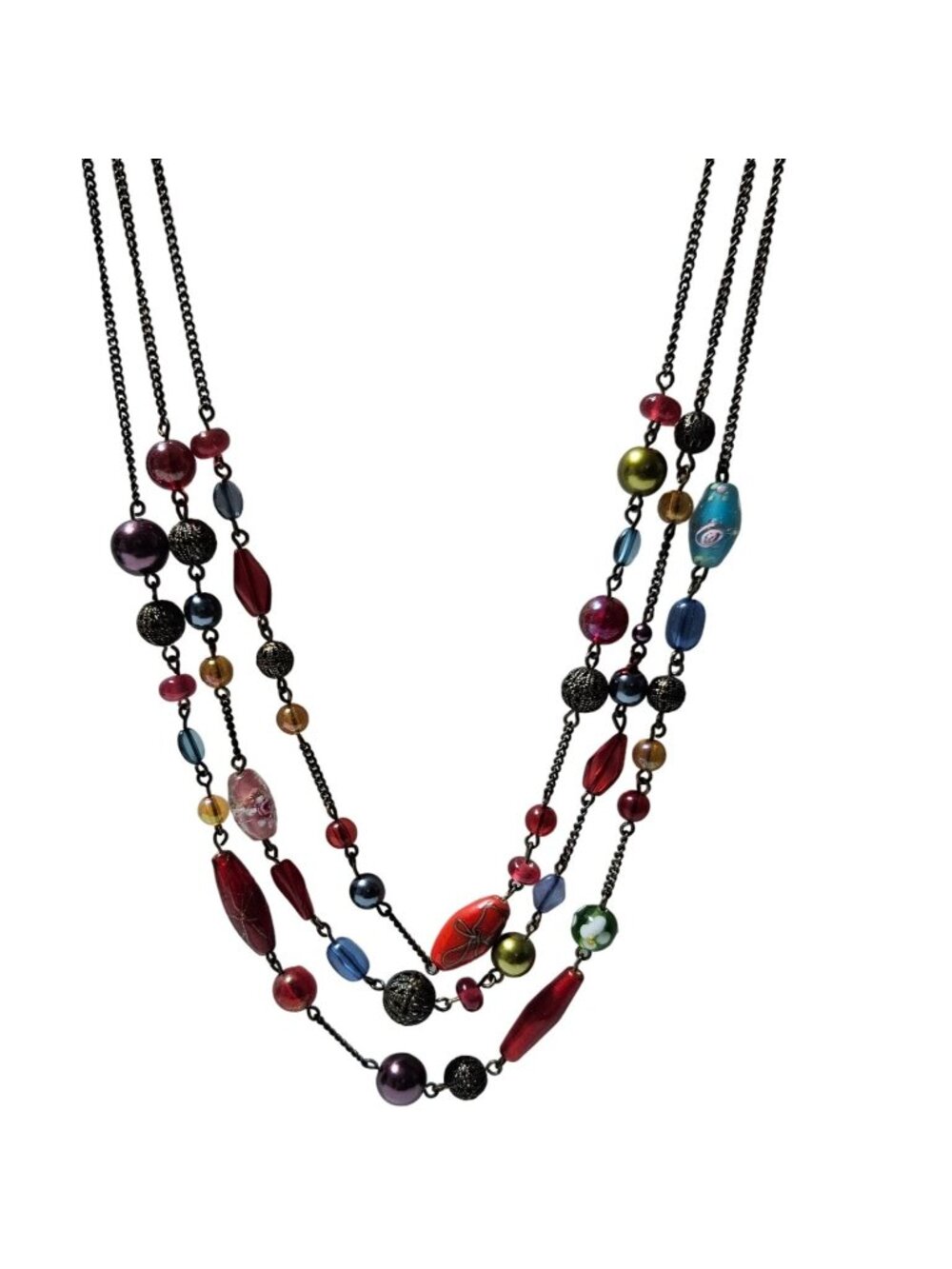 Vintage Colorful Beaded Station Necklace Multi Strand Boho Fashion Jewelry